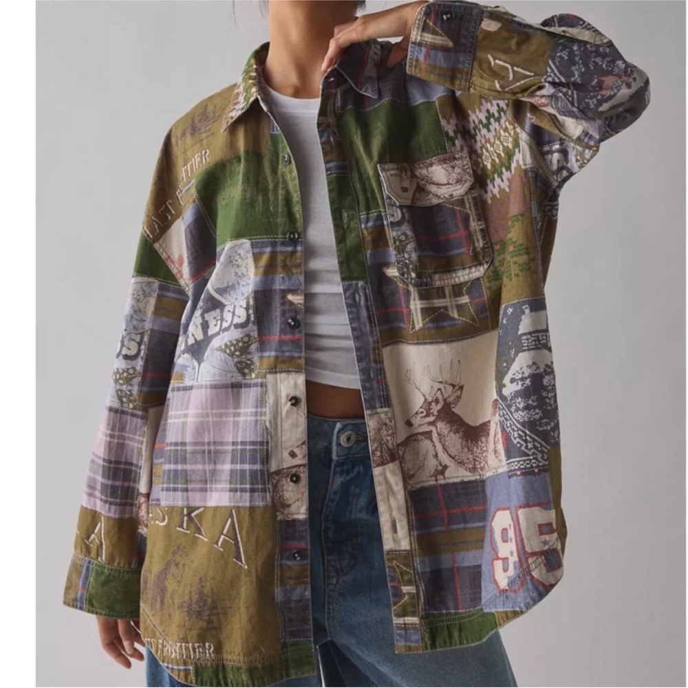 Oversized Urban Outfitters Multi-Panel Patchwork Button-Down Shirt Jacket